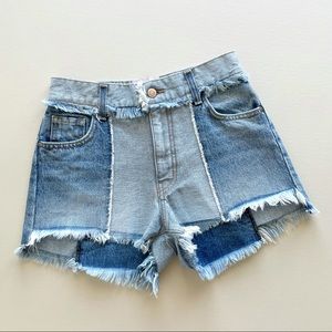 Revice Ziggy patchwork frayed denim cut-off shorts